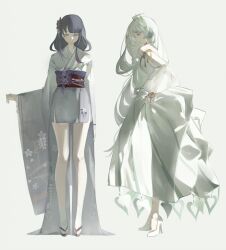  2girls absurdres bare_shoulders blunt_bangs closed_eyes closed_mouth detached_sleeves dress from_side full_body genshin_impact green_background green_eyes green_hair hair_between_eyes hair_ornament hair_over_shoulder high_heels highres japanese_clothes kimono long_hair long_sleeves looking_down makoto_(genshin_impact) multiple_girls purple_kimono red_sash rukkhadevata_(genshin_impact) sash shade standing wavy_hair wide_sleeves yuishironeko 
