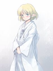  1girl alternate_costume blonde_hair blush commentary_request feet_out_of_frame green_eyes grey_background japanese_clothes kimono light_frown long_sleeves mizuhashi_parsee own_hands_together pointy_ears rangycrow shiromuku short_hair sideways_glance solo tassel touhou uchikake white_kimono 