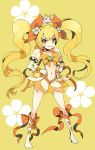  blonde_hair boots cure_sunshine dress hands_on_hips heartcatch_precure! knee_boots long_hair magical_girl midriff myoudouin_itsuki navel orange_dress potpourri_(heartcatch_precure!) precure simple_background smile twintails very_long_hair yellow yellow_background yellow_eyes 