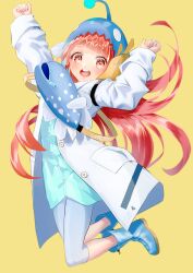 1girl absurdres arms_up blue_boots blunt_bangs blush boots coat commentary_request fish_hat floating_hair full_body happy heaven_burns_red highres jumping lab_coat long_hair long_sleeves looking_at_viewer mizuhara_aina open_clothes open_coat open_mouth pants pink_eyes pink_hair raimuminnt round_teeth rubber_boots smile solo tareme teeth thick_eyebrows upper_teeth_only very_long_hair white_coat white_pants 