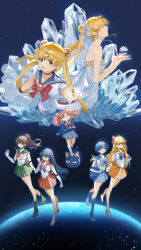  6+girls absurdres aino_minako arm_up bare_shoulders bishoujo_senshi_sailor_moon black_hair blonde_hair blue_boots blue_bow blue_bowtie blue_choker blue_eyes blue_hair blue_sailor_collar blue_serafuku blue_shirt blue_skirt boots bow bowtie brown_hair chibi_usa chinese_commentary choker circlet closed_mouth collarbone commentary cone_hair_bun crescent crescent_choker crescent_earrings crystal double_bun dress earrings earth_(planet) fairy_wings gloves green_boots green_choker green_sailor_collar green_skirt hair_bobbles hair_bow hair_bun hair_ornament high_heel_boots high_heels highres hino_rei holding holding_ofuda jewelry kino_makoto long_hair looking_at_viewer luna-p magical_girl mizuno_ami multiple_girls ofuda open_mouth orange_choker orange_sailor_collar orange_skirt pink_bow pink_bowtie pink_eyes pink_hair planet pleated_skirt ponytail profile purple_bow purple_bowtie queen_serenity red_bow red_bowtie red_choker red_sailor_collar red_skirt sailor_collar sailor_jupiter sailor_mars sailor_mercury sailor_moon sailor_senshi sailor_senshi_uniform sailor_venus school_uniform serafuku shirt shoes short_hair skirt sky socks space star_(sky) star_(symbol) starry_sky tsukino_usagi twintails white_dress white_gloves white_shoes white_socks wings yaner_10 