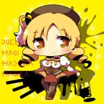  blonde_hair blush chibi drill_hair hat long_hair lowres magical_girl mahou_shoujo_madoka_magica nasa_yu skirt skirt_lift smile solo teapot thigh-highs thighhighs tomoe_mami twintails yellow_eyes 