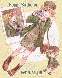  1boy adjusting_clothes adjusting_headwear arm_up artist_name basil_(birthday)_(omori) basil_(faraway)_(omori) basil_(omori) blonde_hair blue_eyes blush boots brown_bag brown_boots brown_hat brown_overalls brown_socks camera cardigan chibi collared_shirt commentary commentary_request dated double-parted_bangs english_commentary full_body green_cardigan hair_between_eyes happy_birthday hat highres holding holding_camera holding_watering_can lace-up_boots looking_at_viewer male_focus newsboy_cap official_alternate_costume omori one_eye_closed open_cardigan open_clothes open_mouth overall_shorts overalls photo_(object) shirt sidelocks smile socks solo ssnowman0203 twitter_username watering_can white_shirt 