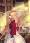  blonde_hair blue_eyes candle cat highres indoors japanese_clothes long_hair original profile room solo takekono 