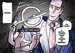  1boy absurdres ai-generated_art_(topic) black_hair blue_suit comic_panel_redraw commentary derivative_work english_text g-man half-life_(series) highres ijust12kmsbro necktie red_necktie shirt short_hair solo speech_bubble suit twitter white_shirt 