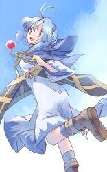  1girl antenna_hair blue_cloak blue_hair blue_sky boots brown_boots cloak commentary_request dress foot_out_of_frame from_behind gem grey_socks holding holding_jewelry holding_ring jewelry kumoi_ichirin leg_up looking_back medium_hair necklace one-hour_drawing_challenge rangycrow red_gem ring sideways_glance sky socks solo touhou white_dress 