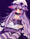  :&lt; animal_ears bad_id breasts cat_ears cleavage crescent goose_h hat heart heart-shaped_pupils kemonomimi_mode long_hair mukyuu no_bra no_nose pantyhose patchouli_knowledge purple_eyes purple_hair solo striped striped_legwear symbol-shaped_pupils touhou violet_eyes whiskers 