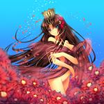  aqua_eyes blue_eyes brown_hair covering crown flower hime_cut long_hair nude queen ribbon signomi very_long_hair 