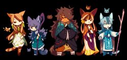  1boy 5girls absurdres androgynous animal_ears animification aqua_dress bead_necklace beads black_background black_cloak blue_cape blue_eyes blue_robe brown_eyes brown_hair cape cat cat_boy cat_ears cat_girl cat_tail chibi chibi_only chinese_commentary cinderpelt cloak commentary_request dark-skinned_female dark_skin dress feathers flower full_body grey_hair hair_flower hair_ornament hair_over_one_eye hairstyle_request highres holding holding_staff holding_stick jayfeather jayfeather's_stick jewelry leaf_hair_ornament leafpool long_hair looking_at_viewer multicolored_hair multiple_girls name_connection necklace object_namesake orange_eyes personification rehtaef robe scar scar_on_face spottedleaf staff standing stick tail warrior_cats white_dress yellowfang 