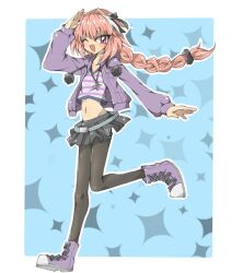  1boy aqua_belt archived_source astolfo_(fate) astolfo_(memories_at_trifas)_(fate) belt black_bow black_pantyhose blush bow braid crop_top crossdressing crossdressing_(mtf) fang fate/apocrypha fate_(series) full_body hair_intakes highres jacket leg_up long_braid long_hair male_focus navel official_alternate_costume one_eye_closed open_mouth outline pantyhose pink_hair pom_pom_(clothes) purple_jacket purple_shoes shirt shoes single_braid skinny smile sparkle_background striped_clothes striped_shirt trap violet_eyes white_outline 