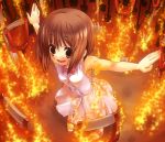  brown_hair dress fire fisheye hagiwara_yukiho idolmaster outstretched_arms perspective sandals short_hair shovel spread_arms tirumu worktool 