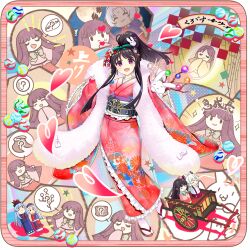  2girls alternate_costume alternate_hairstyle bamboo bow bowtie branch brown_hair cart character_doll closed_mouth doll fishnet_gloves fishnets five_impossible_requests floral_print flower frilled_sleeves frills fujiwara_no_mokou furisode game_cg gloves hair_flower hair_ornament highres houraisan_kaguya inaba_mob_(touhou) japanese_clothes jeweled_branch_of_hourai kamishirasawa_keine kanzashi kimono kokeshi looking_at_viewer multiple_girls obi official_art open_mouth pink_eyes pink_shirt ponytail print_kimono rabbit rabbit_hair_ornament red_kimono red_skirt rotte_(1109) sash shirt skirt smile solo_focus sweatdrop taketori_monogatari third-party_source touhou touhou_lostword translation_request transparent_background tsumami_kanzashi yagokoro_eirin 