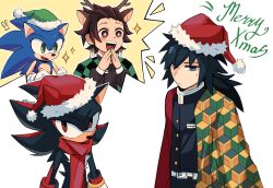  4boys absurdres black_hair black_jacket demon_slayer_uniform earrings green_hat hanafuda_earrings haori hat high_collar highres jacket japanese_clothes jewelry kamado_tanjirou kikkoumon kimetsu_no_yaiba long_hair low_ponytail male_focus merry_christmas multiple_boys ponytail print_haori red_hat red_scarf santa_hat scarf shadow_the_hedgehog simple_background sonic_(series) sonic_the_hedgehog spiky_hair sweatdrop tomioka_giyuu twixei0 white_background 