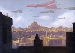  1boy 1girl arabian_clothes army artist_request building cityscape clouds cloudy_sky fleet gundam gundam_perfect_file gundam_zz highres magazine_scan middle_eastern_architecture mother_and_son neo_zeon painting_(medium) scan scene_reference science_fiction sky spacecraft traditional_media 