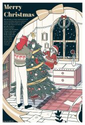  1boy 1girl ^_^ absurdres aleph_(reverse:1999) alternate_costume animal_slippers black_shoes bookshelf christmas christmas_ornaments christmas_tree closed_eyes decorating_christmas_tree english_text fake_beard fake_facial_hair flower full_body grey_shorts grey_sweater hat highres indoors long_hair merry_christmas mossi_(mossi0816) open_mouth pants picture_frame recoleta_(reverse:1999) red_carpet red_flower red_hair red_hat red_rose red_sweater reverse:1999 rose santa_hat shoes shorts slippers standing sweater vase white_pants window 