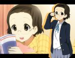  brown_eyes brown_hair extra forehead glasses hairband hatasuke k-on! pajamas school_uniform shima_chizuru short_hair 