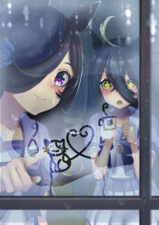  +_+ 2girls ahoge animal_ears blue_flower blue_rose blurry blurry_foreground blush brown_hair commentary_request condensation d: depth_of_field drawing_(object) drawn_heart flipped_hair flower from_outside glass_writing hair_between_eyes hair_over_one_eye hand_on_window hands_up hat hat_flower highres horse_ears horse_girl horseshoe_ornament long_bangs long_hair long_hair_between_eyes manhattan_cafe_(umamusume) multiple_girls open_mouth pleated_skirt puffy_short_sleeves puffy_sleeves purple_sailor_collar purple_serafuku purple_shirt purple_skirt rice_shower_(umamusume) rose sailor_collar sailor_shirt school_uniform serafuku shirt short_sleeves skirt smile standing tracen_school_uniform umamusume violet_eyes window window_fog yami_anko yellow_eyes 