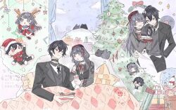  1boy 1girl ^_^ alternate_costume animal_hands animalization antlers ayn_alwyn belt_collar beret black_choker black_coat black_collar black_eyes black_hair black_hat black_mittens black_necktie black_pants black_shirt black_sweater blanket blazer blush bow bow_earrings box cat cat_paws chibi chibi_inset choker christmas christmas_ornaments christmas_tree christmas_wreath closed_eyes closed_mouth clouds coat collar collared_shirt cross-laced_clothes cross-laced_top curtains earrings food garland_(decoration) gift gift_box gloves grin hair_between_eyes hair_ornament hair_ribbon hairclip hand_in_pocket hand_on_another's_waist hat hat_ribbon heroine_(lovebrush_chronicles) hetero highres holding holding_spoon horns ice_cream jacket jewelry lapels long_hair long_skirt long_sleeves looking_at_another looking_to_the_side looking_up lovebrush_chronicles mittens multiple_views necktie notched_lapels open_clothes open_coat open_mouth pale_skin pants paw_gloves pillow rabbit red_eyes red_hat red_ribbon red_scarf reindeer_antlers ribbon santa_hat scarf scarf_bow shirt short_hair sidelocks skirt smile snow snow_globe snowing spoon star_(symbol) sweater triangle_mouth two-tone_hat under_covers utensil_in_mouth vinyl_record wakuwaku_1121 watermark white_collar white_gloves white_shirt white_skirt winter wreath x_hair_ornament 