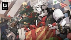  1boy 1girl ^^^ animal_bag animal_ear_fluff animal_ears arm_up backpack bag bandaid bandaid_on_head bear_bag bell black_boots black_dress black_gloves black_ribbon boots bouncing bow box breast_pocket brown_bag candy candy_cane christmas christmas_ornaments christmas_tree closed_eyes collared_vest commentary copyright_logo copyright_name corin_wickes crossed_bandaids cuffs decorating decorating_christmas_tree dress english_commentary eyelashes fingerless_gloves floating_hair flying_sweatdrops food furry furry_male gift gift_box gloves green_hair grey_vest hair_between_eyes hair_ribbon harness highres holding indoors jewelry lamp leg_up logo long_hair looking_at_another maid maid_headdress motion_lines multiple_rings official_art on_ladder open_mouth parted_lips pennant pocket puffy_short_sleeves puffy_sleeves red_bow red_eyes red_ribbon ribbon ring screw_hair_ornament shirt short_hair short_sleeves sidelocks sleeves_rolled_up snowflake_ornament standing standing_on_one_leg star_(symbol) string_of_flags tearing_up vest von_lycaon wavy_mouth white_fur white_hair white_shirt window wing_collar wolf_ears zenless_zone_zero zipper zipper_pull_tab 