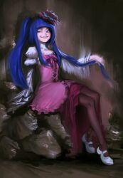  1girl blue_eyes blue_hair brown_pantyhose dress full_body furudo_erika grin highres juliet_sleeves long_hair long_sleeves mapomap0 mary_janes pantyhose pink_dress puffy_sleeves shoes sitting smile solo trash_bag twintails umineko_no_naku_koro_ni uneven_eyes white_shoes 
