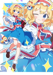  1girl alice_margatroid blonde_hair blue_dress blue_eyes blush book brown_shoes capelet closed_mouth commentary_request commission doll dress frilled_hairband frilled_sash frills hairband holding holding_book holding_polearm holding_weapon lance loafers lolita_hairband looking_at_viewer masakamea medium_hair one_eye_closed open_mouth polearm red_hairband red_sash sash shanghai_doll shoes skeb_commission smile socks touhou waist_sash weapon white_capelet white_socks |_| 