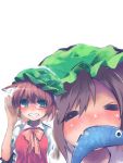  animal_ears bad_id bespectacled blue_eyes brown_hair cat_ears chen face fish glasses goose_h grin mouth_hold short_hair smile solo touhou 