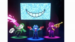  1boy 1girl 1other 2022 3d absurdres animal_ears animated animated_gif arm_around_shoulder bandana bandana_around_neck bazooka black_hat black_jacket black_pants black_shirt black_shoes blender_(medium) blue_hair blue_skin bob_cut closed_mouth collared_shirt colored_sclera colored_skin colored_teeth commentary dark dark_background dark_room deltarune digital_media dual_wielding english_commentary fangs fedora freckles furry furry_female furry_male glasses gloves goat_boy goat_ears green-framed_eyewear green_gloves green_shirt grin gun hair_over_one_eye hat highres holding holding_gun holding_weapon horns jacket kris_(dark_world)_(deltarune) kris_(deltarune) kris_(gangster)_(deltarune) layered_sleeves light_particles long_hair long_sleeves looking_at_viewer necktie official_alternate_costume one_eye_covered open_mouth pants pink_eyes pink_scarf pink_skin pinstripe_jacket pinstripe_pants pinstripe_pattern pinstripe_suit pointing pointing_up pomelochewy purple_hair purple_necktie purple_skin ralsei ralsei_(gangster) red_bandana red_necktie reptile_girl rifle round_eyewear scarf semi-rimless_eyewear shaded_face sharp_teeth shirt shoes short_hair short_sleeves simple_background skin_fangs smile stage standing star_(symbol) striped_clothes striped_jacket striped_pants striped_vest suit suit_jacket susie_(dark_world)_(deltarune) susie_(deltarune) susie_(gangster)_(deltarune) suspenders teeth television utdr_(toby_fox) vertical-striped_clothes vertical-striped_jacket vertical-striped_pants vertical-striped_vest vest weapon white_fur white_pupils white_shirt yellow_sclera yellow_teeth 