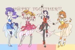  4girls ^_^ adapted_costume ankle_ribbon ankle_socks anklet aono_miki arm_up bare_shoulders black_bow black_hair black_ribbon black_thighhighs black_wrist_cuffs blonde_hair blue_ribbon blue_skirt blue_vest blue_wrist_cuffs boots bow bowtie brooch brown_hair buttons clenched_hand closed_eyes clothing_cutout collar commentary_request cosplay crop_top cross-laced_vest cure_berry cure_berry_(cosplay) cure_passion cure_passion_(cosplay) cure_peach cure_peach_(cosplay) cure_pine cure_pine_(cosplay) dancing detached_collar detached_sleeves dot_nose double_v dress english_text eyelashes fingers_to_cheeks fist_pump footwear_ribbon fresh_precure! frilled_dress frilled_skirt frilled_sleeves frills full_body grey_background grin group_name hair_ornament hair_ribbon hairband happeta happy heart heart_brooch heart_button heart_hair_ornament higashi_setsuna high_heel_boots high_heels high_side_ponytail idol jewelry knee_boots knee_up kneehighs lace-up_boots leg_ribbon light_blush long_hair medium_hair midriff miniskirt momozono_love multiple_girls one_side_up orange_skirt orange_socks orange_wrist_cuffs outstretched_arm pale_skin pink_bow pink_bowtie pink_dress pink_ribbon pink_socks pink_wrist_cuffs pleated_dress pleated_skirt precure puffy_short_sleeves puffy_sleeves purple_hair purple_thighhighs red_bow red_eyes red_skirt red_vest ribbon ribbon-trimmed_dress ribbon_trim see-through_clothes see-through_skirt shirt short_dress short_hair short_sleeves short_twintails shoulder_boards shoulder_cutout skirt sleeve_bow sleeveless sleeveless_dress sleeveless_shirt smile socks tailcoat tareme thigh-highs tsurime twintails v vest violet_eyes waist_bow white_boots white_collar white_hairband white_ribbon white_shirt white_sleeves wrist_cuffs yamabuki_inori yellow_bow yellow_bowtie yellow_ribbon yellow_vest 