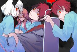  2boys belt black_background blood blood_bag blue_shirt brown_belt chair choker coat dark_background durarara!! earrings fur-trimmed_coat fur_trim glasses haruto_(durarara!!) himari_(durarara!!) horror_(theme) hospital_gown intravenous_drip jewelry lips long_hair looking_at_viewer multiple_boys multiple_girls nec_(durarara!!) orihara_izaya pa_yashi parted_lips pink_hair red_eyes red_hair shirt short_hair siblings sitting smile smirk string string_of_fate teeth white_hair 