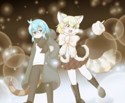  2girls alternate_costume animal_ears black_boots black_coat black_pants black_scarf blonde_hair blue_eyes blue_hair blush boots bow brown_coat brown_skirt casual cat_ears cat_girl cat_tail coat commentary_request extra_ears fur_trim hair_between_eyes highres kanimiso_na_double kemono_friends locked_arms long_coat long_sleeves multicolored_hair multiple_girls open_clothes open_coat open_mouth pants pink_scarf plaid_clothes plaid_skirt pleated_skirt sand_cat_(kemono_friends) scarf scarf_bow short_hair sidelocks skirt smile snake_girl snake_print snake_tail sweater tail tsuchinoko_(kemono_friends) white_fur white_sweater winter winter_clothes winter_coat yellow_eyes 
