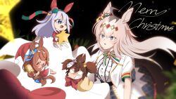  4girls absurdres ahoge animal_ears blue_eyes blush bow braid breasts brown_hair center_frills chibi closed_eyes dress ear_bow ear_covers fang fox_mask frills green_hairband grey_hair grey_tail hair_between_eyes hair_ornament hairband hat headband highres holding holding_rattle holding_sack horse_ears horse_girl horse_tail inari_one_(umamusume) jacket long_hair mask mask_on_head multicolored_hair multicolored_hairband multicolored_ribbon multiple_girls official_alternate_costume oguri_cap_(miraculous_white_star)_(umamusume) oguri_cap_(umamusume) open_mouth rattle red_hat red_headband ribbon sack santa_costume santa_dress santa_hat shirt short_sleeves smile standing streaked_hair striped_clothes striped_hairband super_creek_(umamusume) tail tamamo_cross_(umamusume) teeth twintails two-tone_hairband umamusume very_long_hair white_hair white_jacket white_shirt yangmal_(uma_red_sheep) 