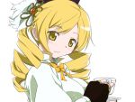  bad_id blonde_hair blush cup drill_hair fingerless_gloves gloves hat long_hair magical_girl mahou_shoujo_madoka_magica official_style saucer simple_background smile solo tea teacup tomoe_mami tori_(ritcrover) twintails yellow_eyes 