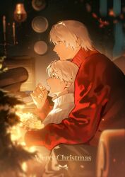  2boys absurdres blue_eyes candlestand chewing christmas_tree commentary dante_(devil_may_cry) devil_may_cry_(series) eating food grey_pants hair_between_eyes highres hug hug_from_behind implied_incest indoors jiuyuansi_(hierro_boat) male_focus merry_christmas multiple_boys nero_(devil_may_cry) open_mouth pants popcorn red_sweater short_hair sitting sweater symbol-only_commentary turtleneck turtleneck_sweater uncle_and_nephew upper_body white_hair white_sweater 