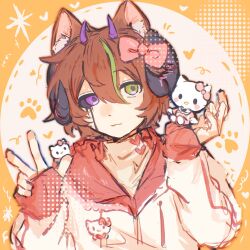  1boy alternate_costume animal_ears animification bishounen black_sclera border bow brown_hair cameo cat_ears colored_sclera commentary girly_boy green_eyes hair_bow hello_kitty hello_kitty_(character) heterochromia highres hood hoodie horns itzsubz kemonomimi_mode lanchi0226 lifesteal_smp looking_at_viewer male_focus minecraft_youtube mismatched_sclera orange_border round_image sanrio sheep_horns short_hair solo symbol-only_commentary upper_body violet_eyes white_hoodie 