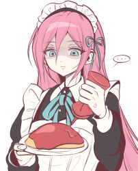  ... 1girl absurdres alternate_costume anger_vein aubrey_(faraway)_(omori) aubrey_(omori) blue_eyes bottle closed_mouth double-parted_bangs enmaided food gloves hair_between_eyes highres holding holding_bottle ketchup ketchup_bottle long_hair long_sleeves looking_at_viewer maid maid_headdress omelet omori omurice pink_hair simple_background solo speech_bubble spoken_ellipsis upper_body white_background white_gloves wktdms1 
