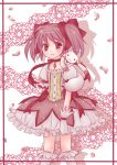 bow bubble_skirt dress gloves hair_bow kaname_madoka kyubey kyuubee magical_girl mahou_shoujo_madoka_magica pink_eyes pink_hair short_hair short_twintails smile twintails 