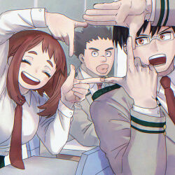  1girl 2boys black_hair boku_no_hero_academia breasts brown_hair closed_eyes collared_shirt glasses grey_jacket hk_(nt) iida_tenya jacket medium_breasts multiple_boys necktie open_mouth parted_lips red_eyes red_necktie sato_rikido school_uniform shirt smile thick_eyebrows thick_lips u.a._school_uniform upper_body uraraka_ochaco white_shirt 