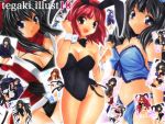  bare_legs bikini black_hair blue_eyes brown_eyes brown_hair bunny_ears bunnysuit collage fishnet_pantyhose fishnets long_hair marker_(medium) original pantyhose pastel_(medium) swimsuit thighhighs traditional_media yadokari_genpachirou 