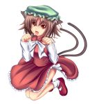  animal_ears brown_eyes brown_hair cat_ears cat_pose cat_tail chen earrings fang hat jewelry jumping koyake multiple_tails open_mouth paw_pose short_hair smile solo tail touhou 