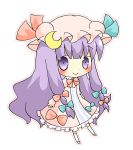  blush_stickers bow chibi crescent hair_bow hat patchouli_knowledge purple_eyes purple_hair solo takahashi_kanon touhou 