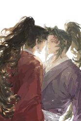  2boys brown_hair closed_eyes closed_mouth earrings hanafuda_earrings haori high_ponytail highres japanese_clothes jewelry kimetsu_no_yaiba kimono long_hair male_focus multiple_boys parted_lips ponytail purple_kimono red_eyes red_haori scar scar_on_face scar_on_forehead simple_background spiky_hair teeth tsugikuni_michikatsu tsugikuni_yoriichi very_long_hair white_background xi_mi45 
