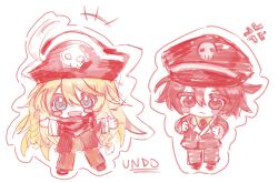  2boys :< :d anger_vein blonde_hair blue_eyes blush_stickers braid chibi chibi_only epic_battle_fantasy fang full_body hair_between_eyes happy hat jacket lance_(epic_battle_fantasy) long_hair long_hair_between_eyes male_focus matt_(epic_battle_fantasy) multiple_boys neckerchief outstretched_arms pants pirate_hat red_hat red_pants red_suit red_theme shoes simple_background smile spread_arms suit twin_braids undo_1303 white_background 