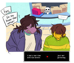  1boy 1girl 1other 2022 2d ambiguous_gender anthro blue_jacket blue_shirt brown_hair brown_pants colored_sclera colored_skin colored_teeth counter deltarune digital_media female green_shirt grey_hood hair_over_eyes hood hood_down hooded_jacket horizontal-striped_clothes human humanoid in-universe_location indoors jacket kris_(deltarune) lizard lizard_girl long_hair male monster monster_boy monster_girl open_clothes open_jacket pants purple_hair purple_jacket purple_skin reptile reptile_girl sans_(undertale) scalie sharp_teeth shirt short_hair skeleton slit_pupils striped_clothes striped_shirt susie_(deltarune) teeth tinnim2 trio two-tone_shirt undead utdr_(toby_fox) white_shirt white_stripes yellow_sclera yellow_stripes yellow_teeth 