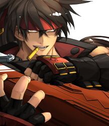  1boy arms_up black_gloves brown_hair bullet ebi_pri_shrimp fingerless_gloves gloves guilty_gear guilty_gear_xrd hair_between_eyes headband headgear highres junkyard_dog_mk_iii long_hair looking_at_viewer male_focus mouth_hold parted_lips ponytail red_headband shell_casing simple_background slit_pupils sol_badguy teeth white_background yellow_eyes 