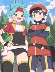  2girls bike_shorts bike_shorts_under_skirt black_eyes black_hair black_leotard black_thighhighs blue_hair closed_mouth cropped_jacket crossed_arms dress hand_on_own_hip hat headband highres jacket leotard looking_at_viewer multiple_girls open_mouth orange_dress orange_hat outdoors pokemon pokemon_masters_ex pokemon_ranger_(pokemon) pumpkinpan red_eyes red_headband red_jacket short_dress smile solana_(pokemon) standing thigh-highs tree 