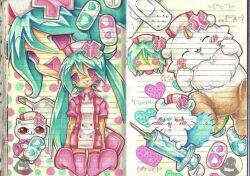  2girls :3 @_@ alternate_costume anoko_(chiikawa) bandaid chiikawa hat hatsune_miku heart holding holding_needle holding_pill koiiro_byoutou_(vocaloid) lennardo_(grim_the_end) light_smile long_hair momonga_(chiikawa) multiple_girls needle nekojiru_udon nurse nurse_cap nyako_(nekojiru) pill pill_hair_ornament sick third-party_source tongue tongue_out traditional_media twintails very_long_hair vocaloid 