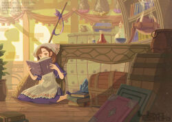  1girl apron artist_name bandana blue_dress book bookshelf broom brown_eyes brown_hair commentary_request covered_mouth crystal dress flask full_body garutaisa hands_up holding holding_book indoors medium_hair on_floor open_book original plant potted_plant reading short_sleeves sitting slice_of_life solo table treasure_chest watermark white_apron white_bandana wooden_floor 