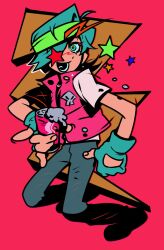  1boy bandana biker_(hotline_miami) can chibi commentary denim fingerless_gloves full_body g_78hp gloves green_bandana green_eyes green_hair green_headband headband highres holding holding_can hotline_miami jeans male_focus pants pink_background pink_vest shirt sleeveless solo symbol-only_commentary vest 