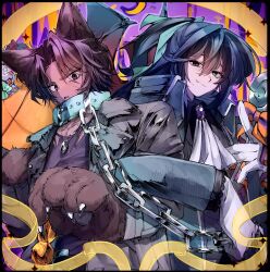  2boys animal_collar animal_ears ascot black_shirt brooch brown_hair candy chain collar commentary fang food gem gloves heathcliff_(project_moon) heterochromia highres holding holding_candy holding_food holding_lollipop hong_lu_(project_moon) jewelry limbus_company lollipop looking_at_viewer multiple_boys nantekottawo!! necklace open_mouth project_moon purple_gem ring ring_necklace scar scar_on_face shirt symbol-only_commentary vampire violet_eyes werewolf_costume white_ascot white_gloves wolf_boy wolf_ears 