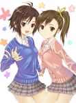  antenna_hair bad_hands black_hair brown_eyes brown_hair cardigan error futami_mami idolmaster idolmaster_2 kikuchi_makoto kisugi_akira long_hair multiple_girls plaid plaid_skirt short_hair side_ponytail skirt sweater tartan 